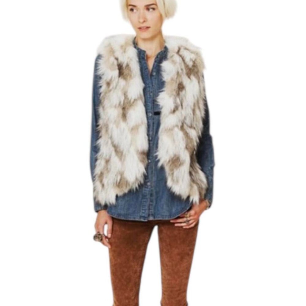Free People Reversible Call Of The Wild Vest Size S Cream Brown Faux Fur Paisley